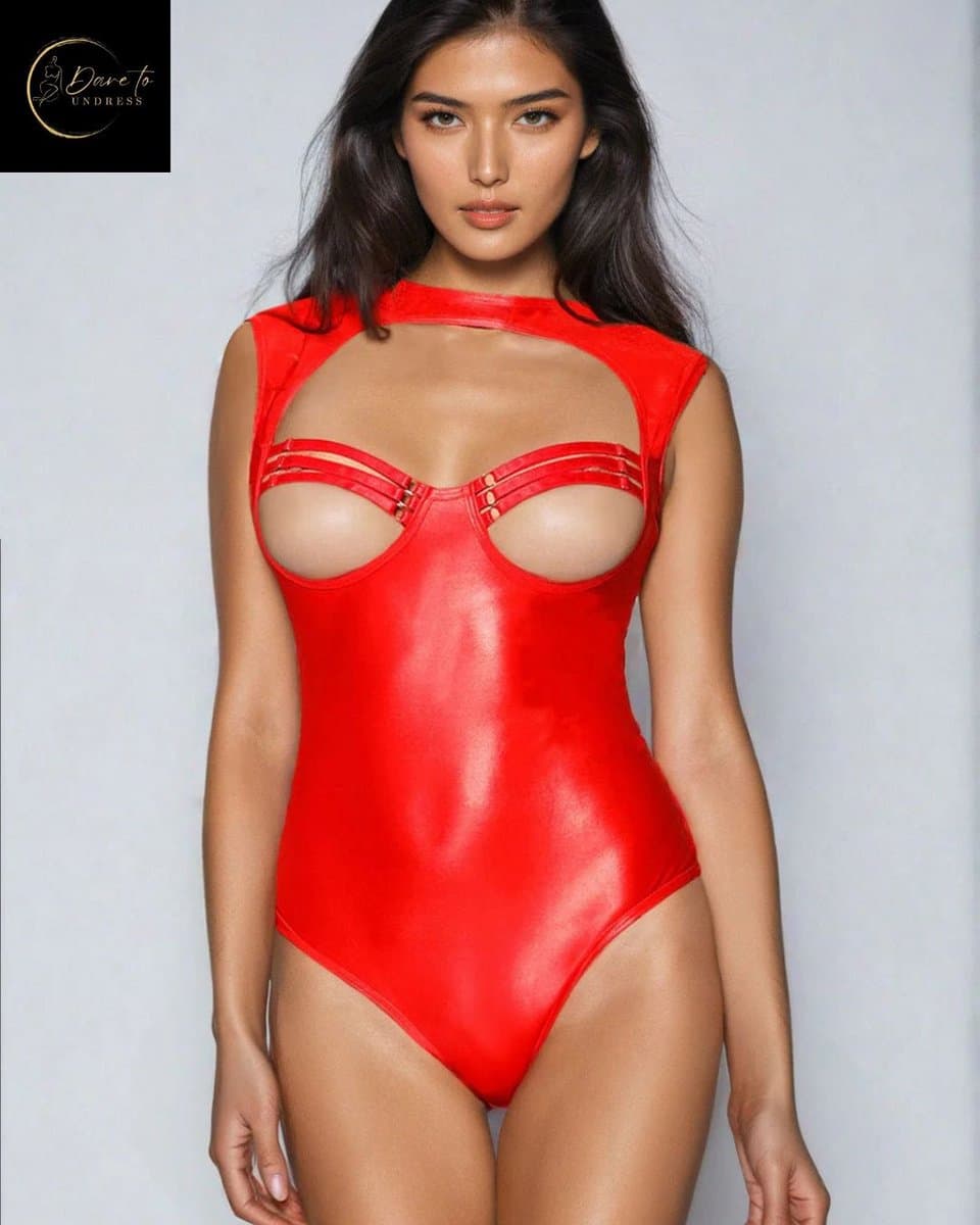 Sexy Lingerie Body Dames – Luxe Lingerie – Rood – Wetlook Lingerie met Cut-Out Detail – Lak – Latex – Erotische Lingerie – Bodysuit – Lingerieset – Kinky – Erotische Body – BDSM – Shapewear Corset – Leer – PU Top – Dare to Undress Maat S, M, L, XL — afbeelding 1