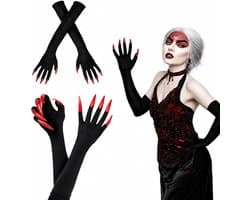 Handschoenen Halloween - Halloween lange poothandschoenen zwart met rode nagels, uniseks voor dames en heren, cosplay heksenhandschoenen, elastische griezelhandschoenen