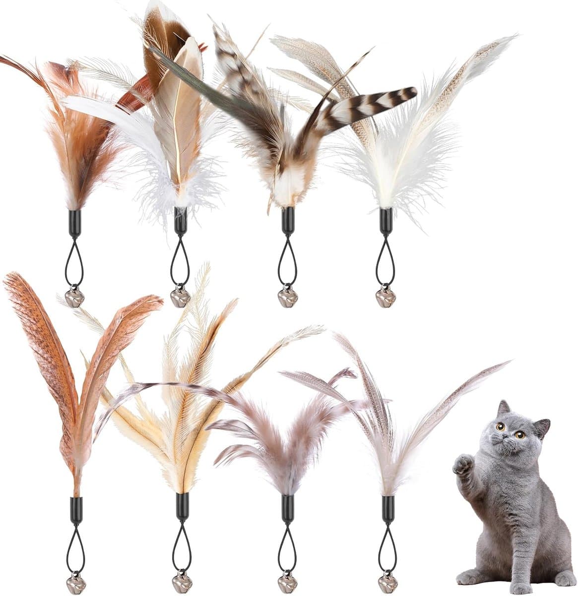 8 stuks kattenveren speelgoed met belletjes, vederteaser kattenspeelgoed, vervangende vullingen met belletjes, sporter speelspeelgoed voor kitten en kat — afbeelding 1