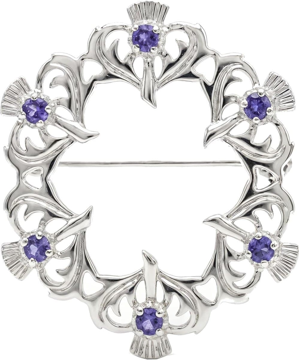 Castle Dames Broche met Schotse Distel in 925 Sterling Zilver met Echte Amethist en Sieradendoosje – Schots Cadeau voor Vrouwen — afbeelding 1
