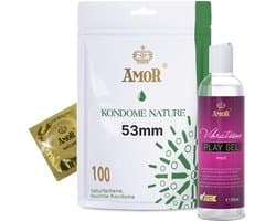 Set AMOR Premium Condoom en Glijmiddel - Ideale partners voor goede seks, 100 Nature Condooms Ø 53 mm + Vibratissimo Play Gel med 250 ml