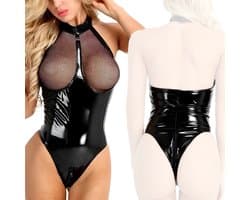 Somstyle Lingerie Body - Maat S - Latex Look Boydsuit - Met Rits voor Open kruis - Zwart