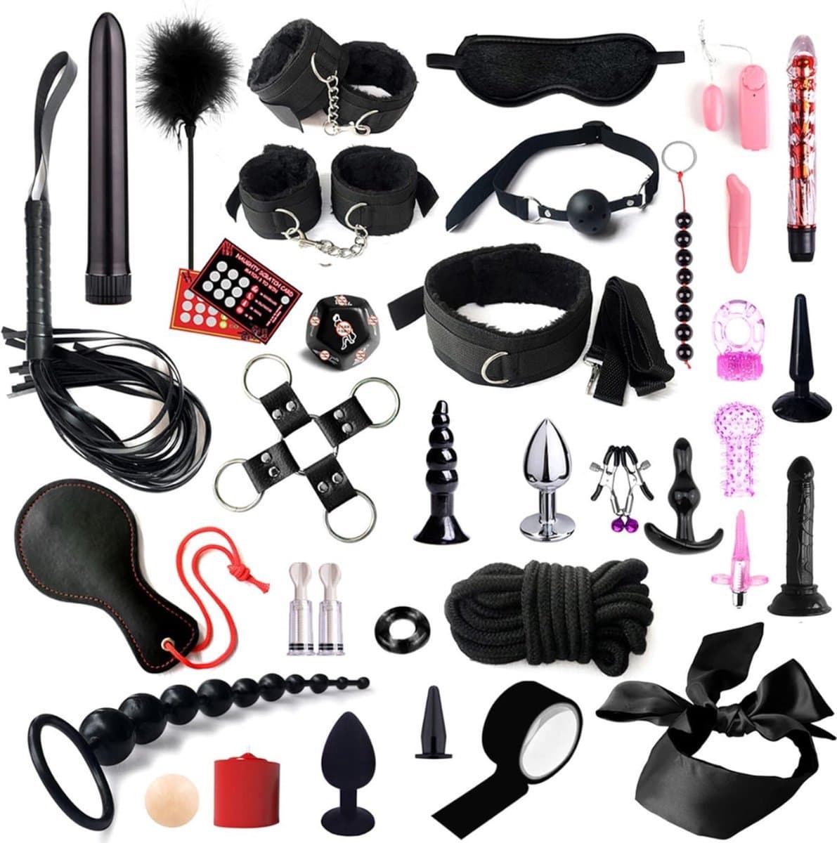 VIN® BDSM Extreme - Sex Toys voor Koppels - 35 Stuks - Seksspeeltjes voor Koppel - Zweepje Seks - Shibari Touw – Shibari – Bondagesets - Sexspeeltjes voor Koppels - Couple Games – Bondagesets – Boeienset, Handboeien, Tepelklemmen, etc - Zwart — afbeelding 1