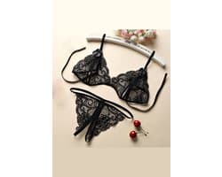 La Nuita Zwarte Kanten Bh Set Dames - Open Cup Bralette en String - Sexy Tweedelige Lingerie Set (S t/m XL)