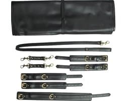 Banoch | luxe bondage set zwart | handboeien , enkelboeien , collar & leash | pu leer opbergtas | BDSM bondageset