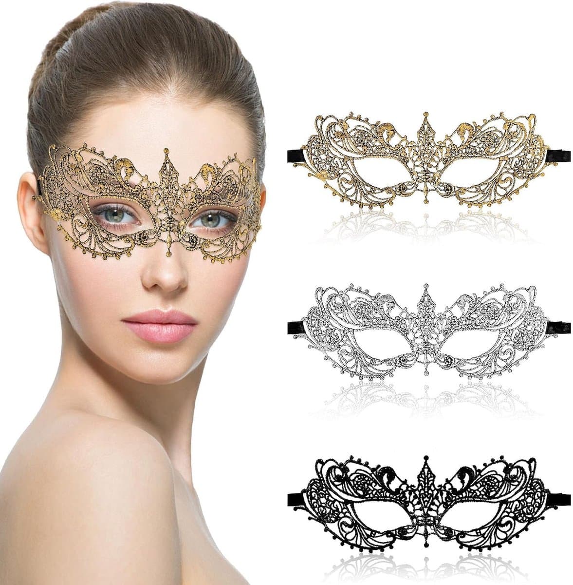 Elegante Venetiaanse Maskers voor Vrouwen - 3 Stuks voor Halloween en Feestjes, Perfecte Kostuumaccessoires voor Avond en Prom — afbeelding 1