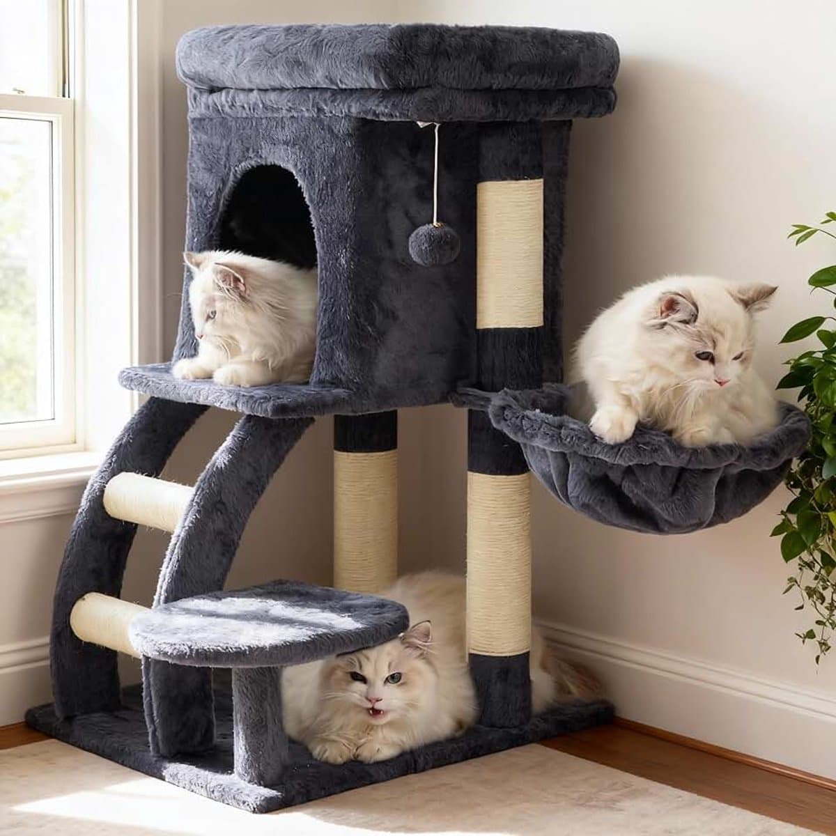 Krabpaal, 75 cm hoge krabpaal, klein, met bovenste platform, hol, hangmat, klimladder, kattenspeelgoed, kattenmeubels, klimboom activiteitenkrabpaal, rookgrijs HCT009SG — afbeelding 1
