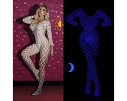 Sexy Glow-in-the-Dark Bodystocking - Wit/Blauw - Sexy Lingerie - One Size S-L (36-40) | LS408