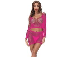 Erotisch Kanten Jurkje met Grote Fishnet Gaten – Sexy Lingerieset met Lange Mouwen – One Size – Babydoll Lingerie – Neon Roze – Verleidelijke Look