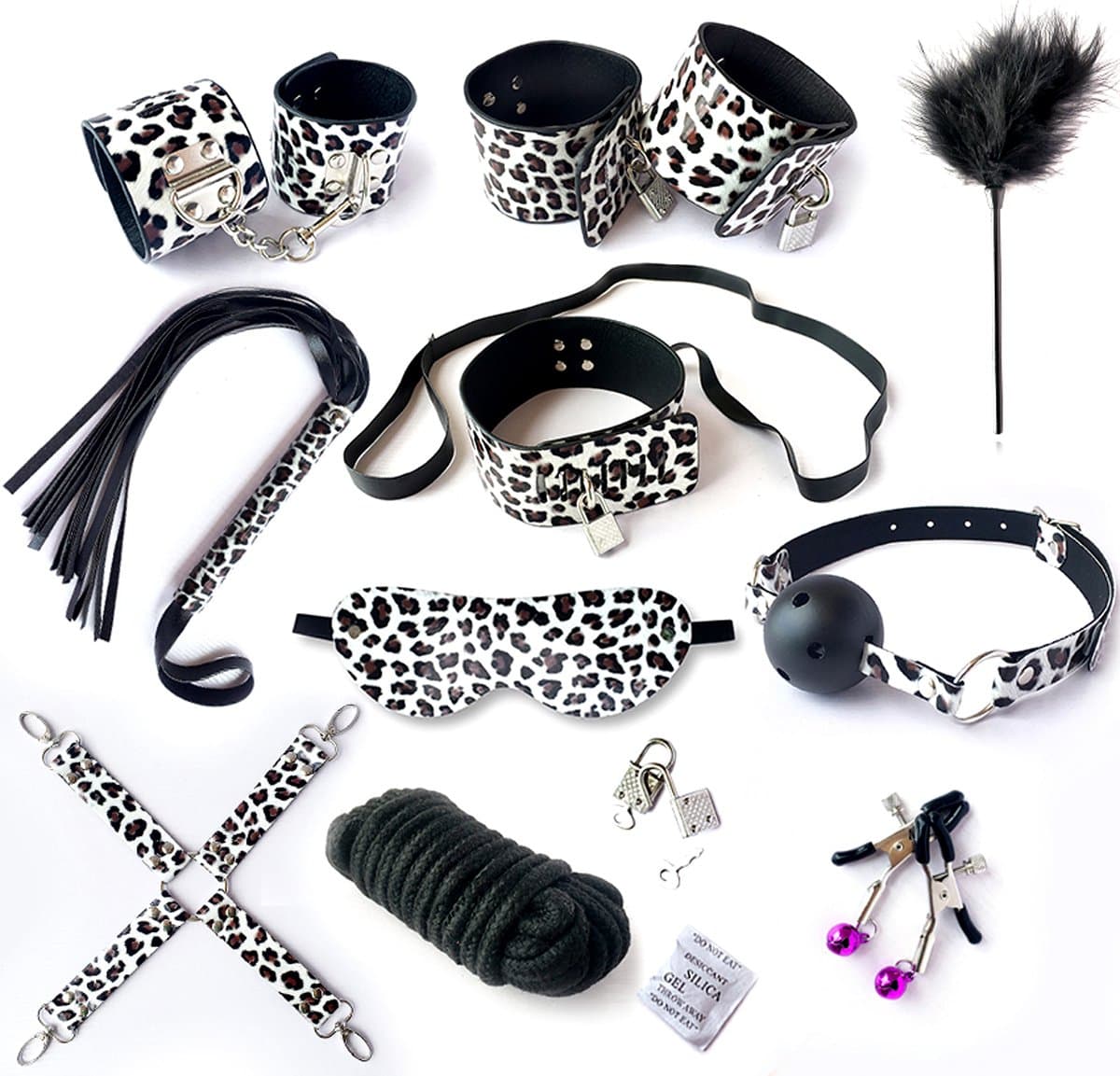 Panterprint - Bondage Set - Bondageset - Erotisch - Bondage - Luxe set - Speeltjes Voor Volwassen - Game Erotische BDSM - Handboeien - Seks Spel - Zweep - Tepelklemmen - SM – Zwart – seks speeltjes — afbeelding 1