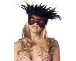 Rimba - Burlesque Masker Met Veren - Zwart/Rood