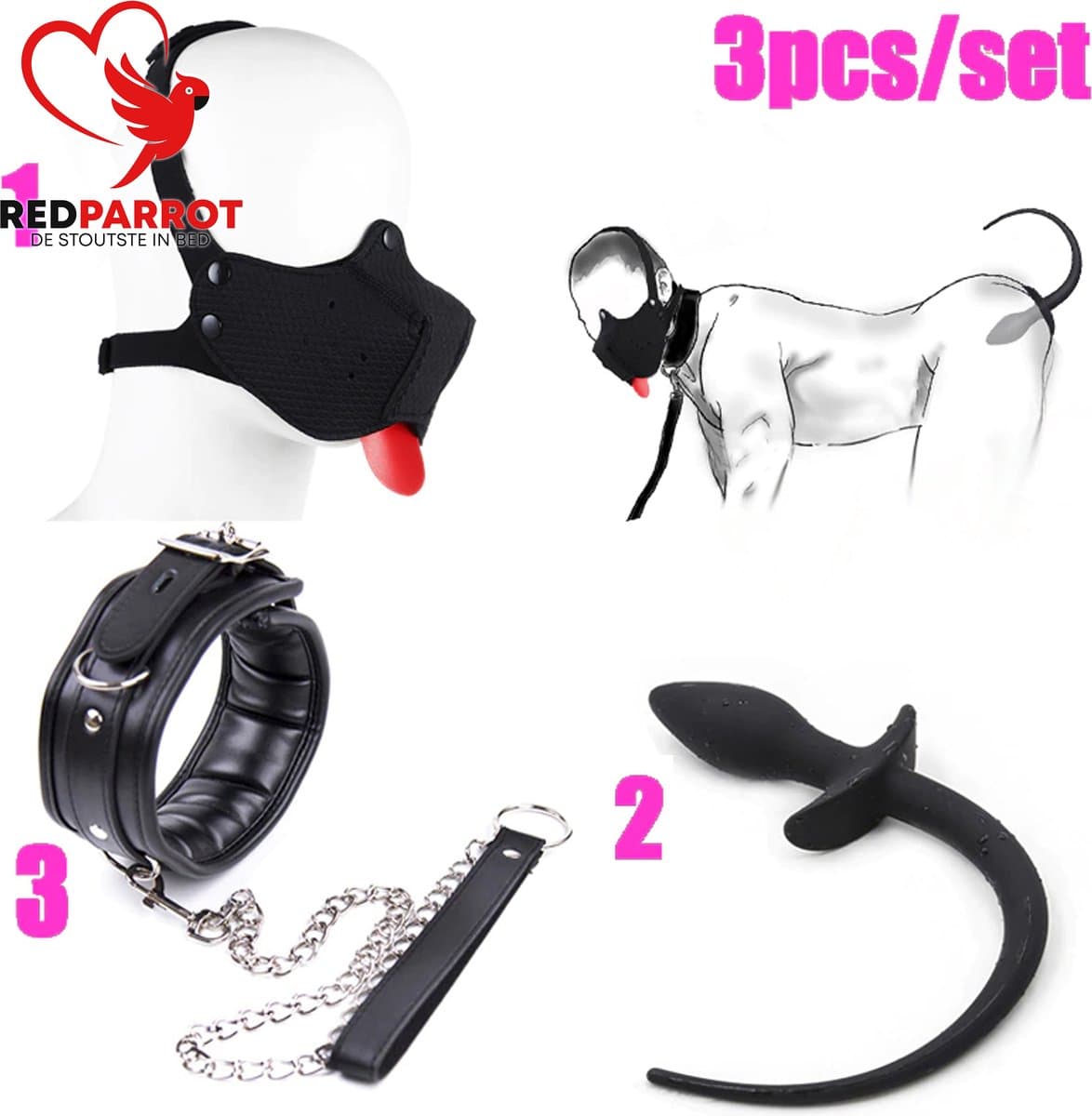 Rollenspel hond - Halsband met riem - Masker - Staart Buttplug - One size - BDSM — afbeelding 1