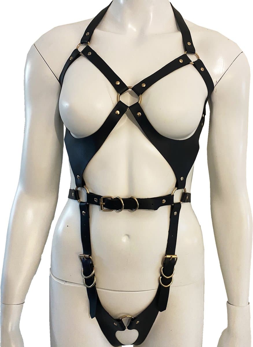 Sensual Minded PU leren full body harnas "Whitney" voor vrouwen // Kinky & sexy BDSM club wear // Zwart & champagne goud — afbeelding 1
