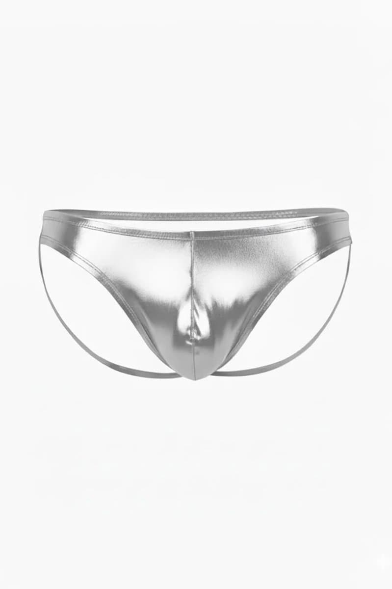 Glanzende Zilverkleurige Heren Jockstrap met Open Rug Design in Synthetisch Leer - Normale Pasvorm met Elastaan XS tot XL — afbeelding 1