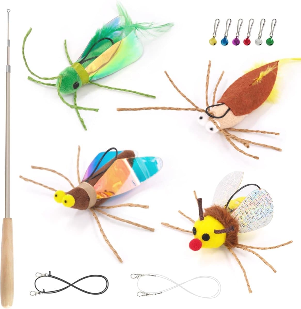 Interactief kattenspeelgoed, veren, insecten, kattenhengelset met 4 schattige insectenhangers met belletjes, uittrekbare veerstaaf voor katten en katten, natuurlijk houten stok — afbeelding 1