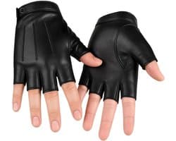 Handschoenen voor heren en dames, sportieve leren handschoenen zonder vingers, vingerloos, van PU-leer, voor outdoor, fitness, zwart, L
