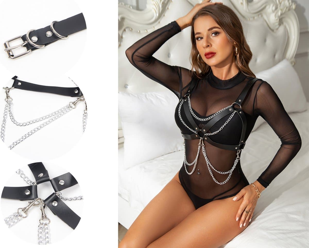 Zwarte ketting BH - PU - verstelbaar - chain bra - borstharnas - body chain - borstversiering - body sieraad - body harnas - kinky - sexy accessoire — afbeelding 1