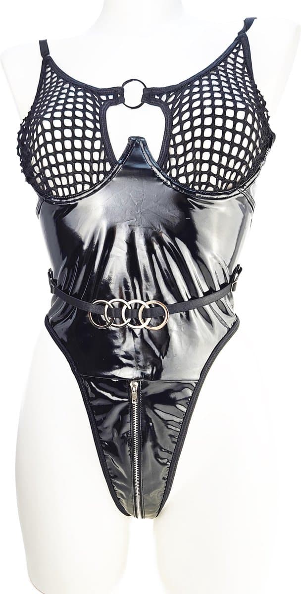 BamBella ® Bodysuit - S/M - Datex (Mix Latex en stof) wetlook Erotische jumpsuit pak - Catsuit BDSM - Glanzend — afbeelding 1