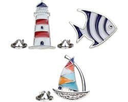 3 stuks nautische emaille reversspeldjes vis zeilboot vuurtoren broche pennen kust nautisch strandfeest gunstig