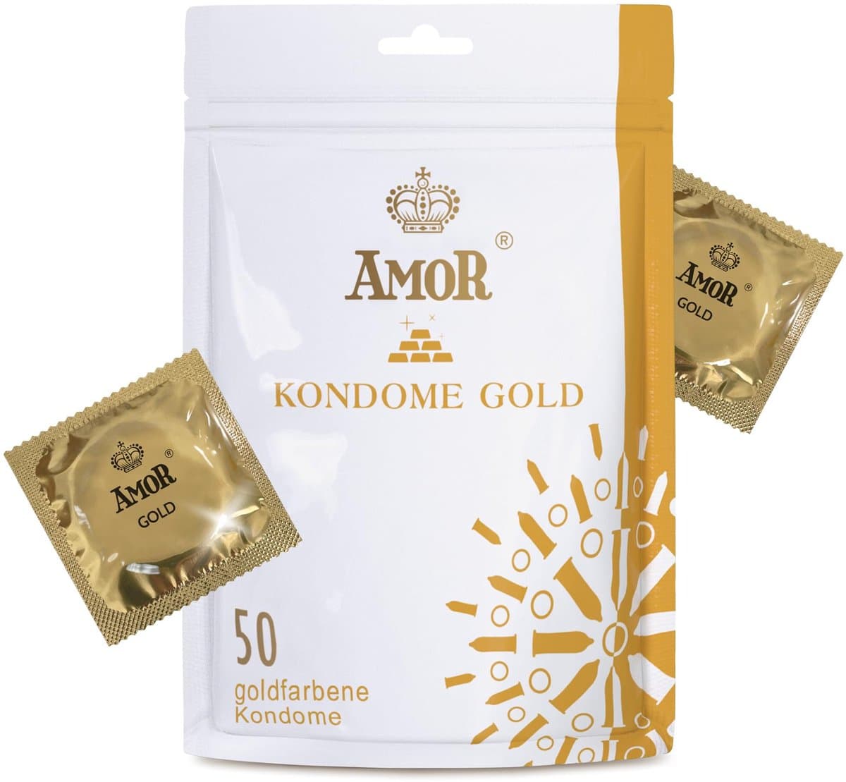 AMOR Premium condooms, Met extra dunne of sterke wanddikte, Kleur goud, Ø 53 mm, 50 stuks, Ideaal voor mannen — afbeelding 1