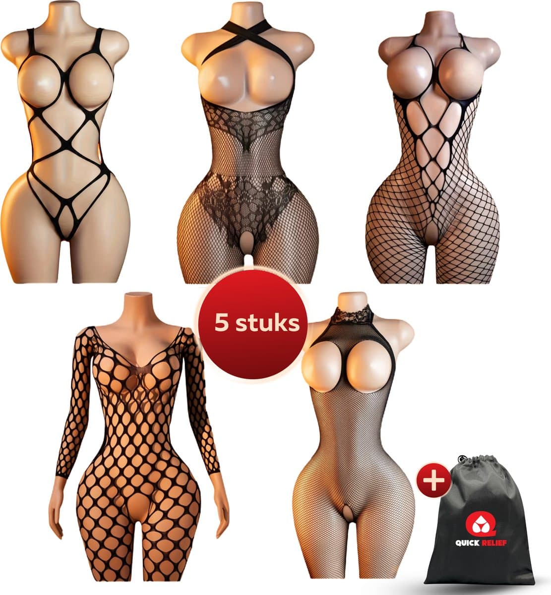 Quick Relief Catsuit Set van 5 – Sexy Bodysuits – Open Kruis – Zwart – Plussize - One size fits all — afbeelding 1