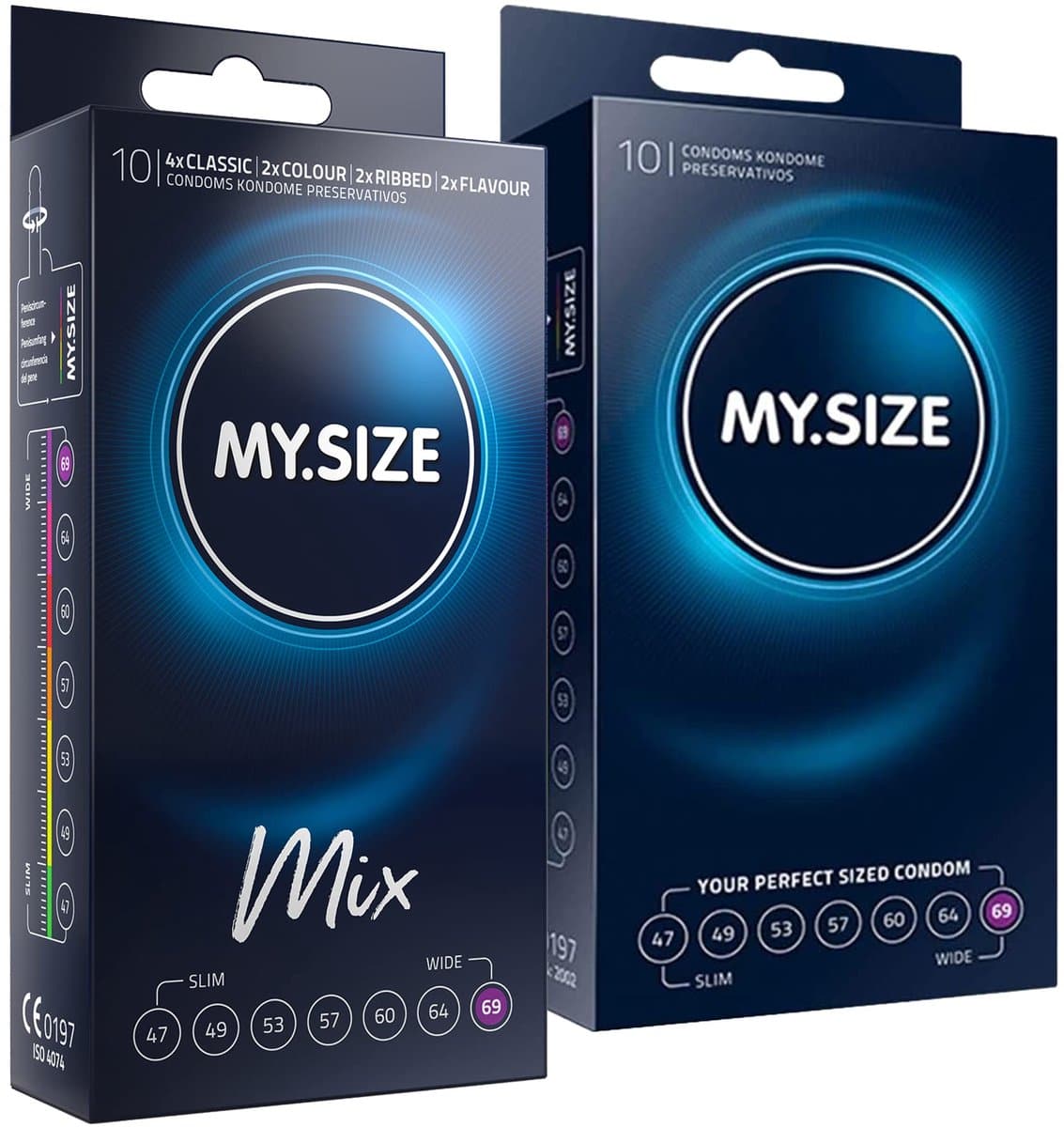 MY.SIZE Mix SET Maat 7, 69 mm: 10 Classic + 10 Condooms in 4 spannende soorten, met aroma, kleur, geribbeld & Classic — afbeelding 1