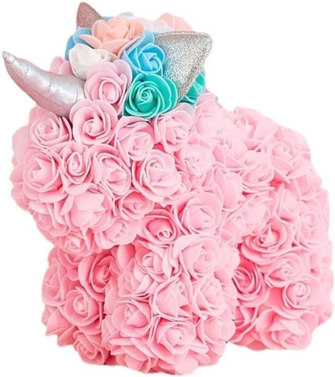 Roze Teddybeer - Bloemenpop - Cadeau geven - Handgemaakt - 25x24x15 cm - Roze — afbeelding 1