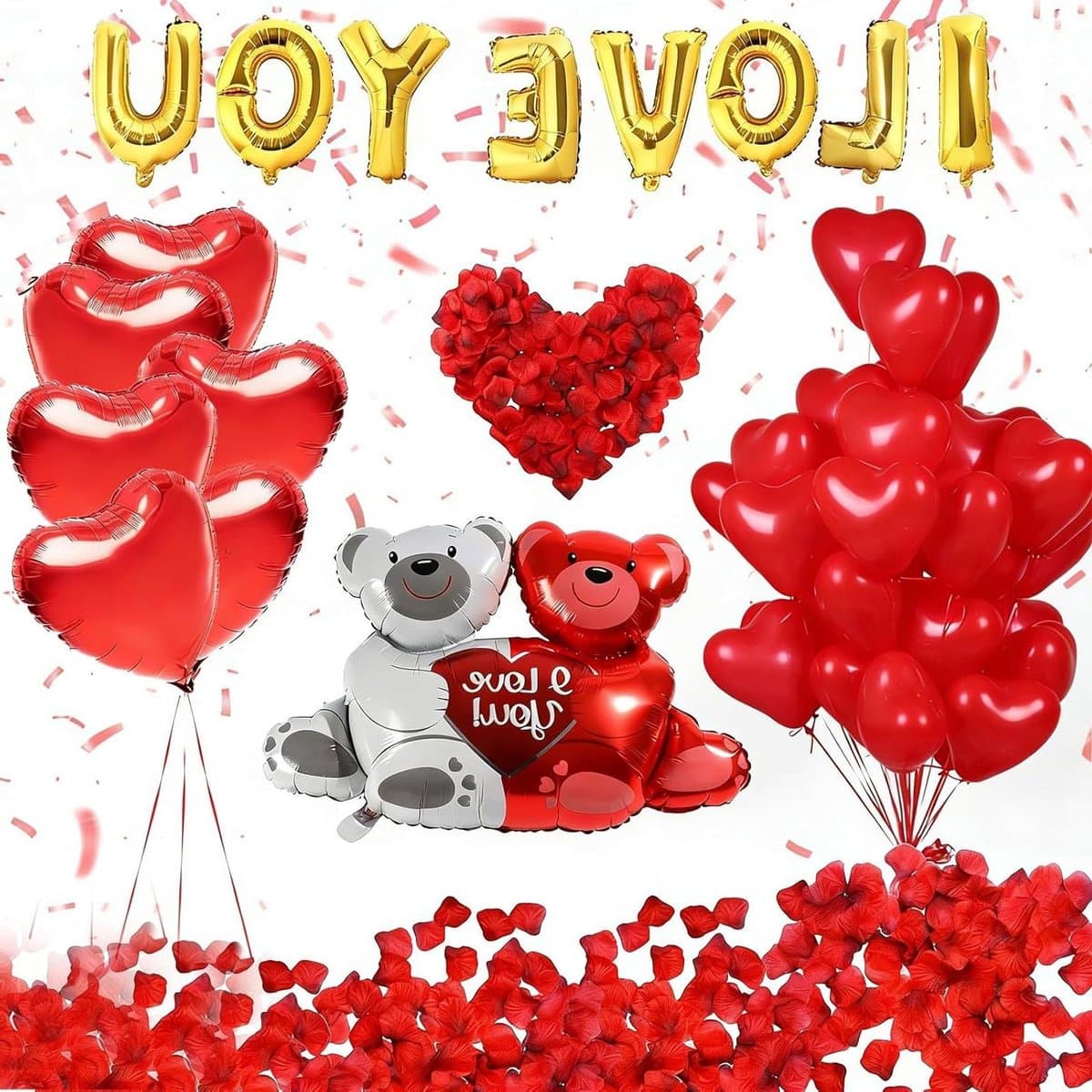 Decoratie Set - Romantische Ballonnen - Huwelijksaanzoek Vieren - Compleet Romantisch Pakket - 1000 Rozenblaadjes - Goud Rood — afbeelding 1