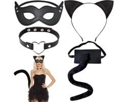 Dames Kattenkostuum Set 4 Delig - Oortjes, Staart, Halsband & Masker voor Feest en Carnaval