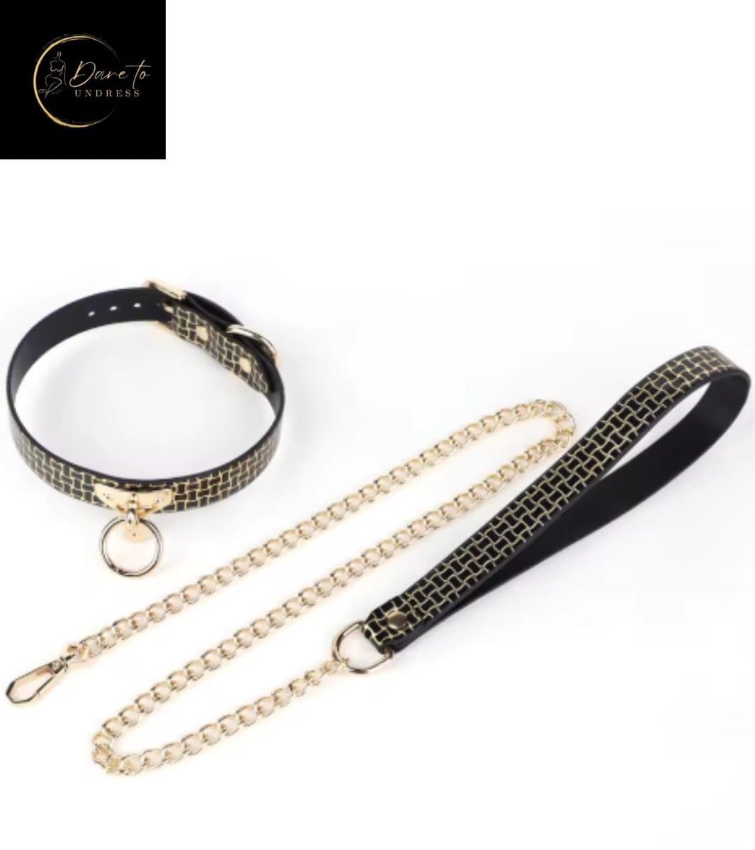 Kinky Gouden Bondage Halsband met Ketting – Fetish choker voor rollenspel & dominatrix – O-Ringchoker, Zwarte PU-leren Ketting, Gotisch Accessoire – Perfect voor Wasteland – Erotische Lingerie – B.I.T.C.H. & kinky events | Dare to Undress — afbeelding 1