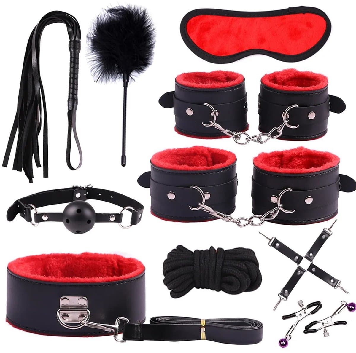 Luxe 10-Delige Bondage Set - Inclusief Handboeien, Enkelboeien & Zweep - Verstelbaar PVC-Leder met Zachte Voering – sex toys Cadeau voor Koppels - Soft Bondage Starterkit — afbeelding 1