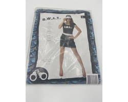 Sexy SWAT Kostuum – Zwart Strak Jurkje met Witte SWAT-Print & Pet – Maat L