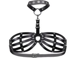 Nooitmeersaai - Harnas Vrouw - PU Leer - Bondage BH met Halsband - BDSM - Bondage Harnas - Borsten en Nek