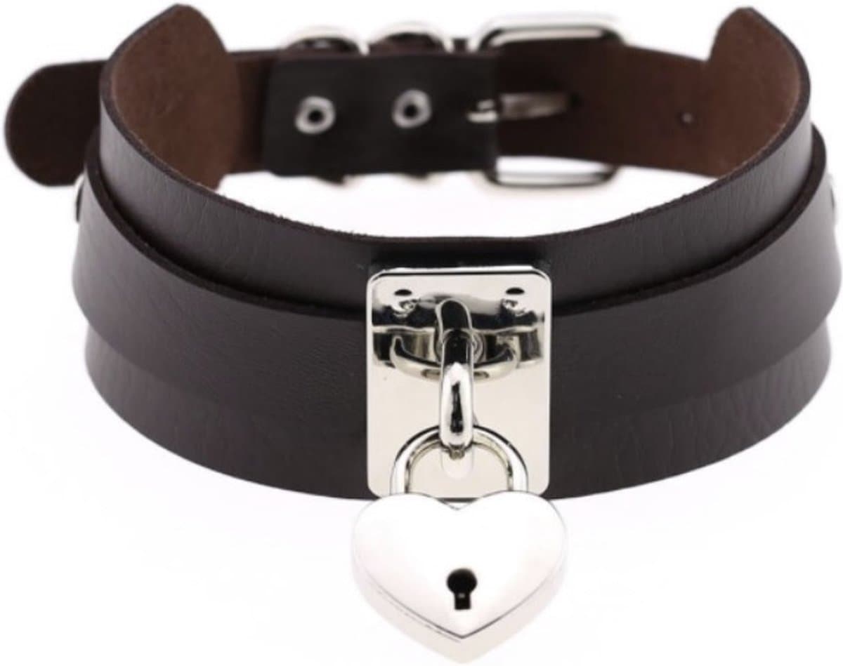 Zwart leren choker met slotje + sleutel (hartvorm) - ketting - verstelbaar - One Size fits all - PU - nekketting - kinky — afbeelding 1