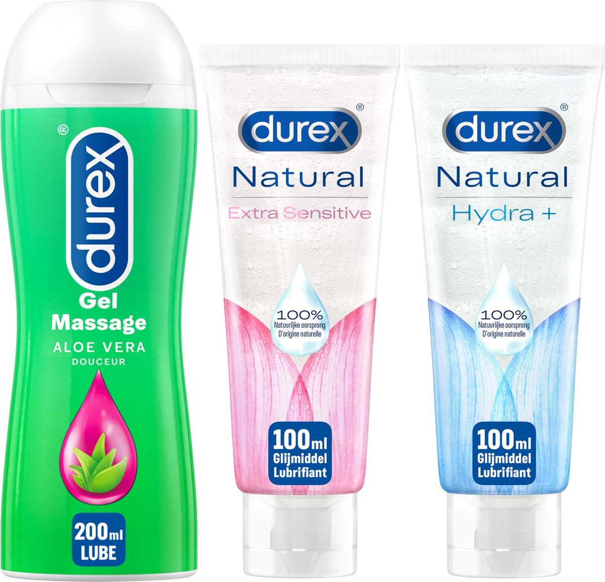 Durex - 3 Glijmiddelen Waterbasis - Play Massage 2/1 Aloe 200ML - Natural Hydratant Gel 100ML - Natural Extra Sensitive Gel 100ML — afbeelding 1