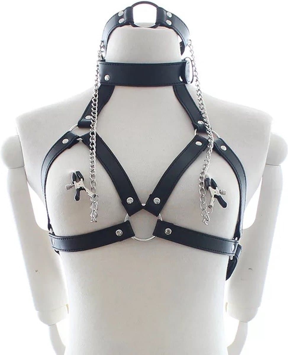 Nooitmeersaai - Harnas Vrouw - Leer - Halsband en Tepelklemmen - Zwart - BDSM - Bondage Harnas — afbeelding 1