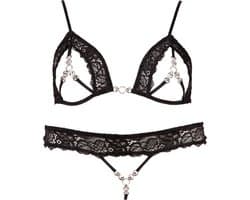 Abierta Fina – Sexy Extravagante Verleidings Lingerie Set met Strass Elementen voor Openheid met Klasse – Maat S – Zwart
