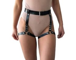 Nooitmeersaai - Harnas Vrouw - Leer - Harnas Met Beenboeien - Zwart - One Size - BDSM - Bondage Harnas