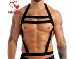 Triple BDSM harnas heren - Erotische harnas manen - Elastisch - One size - Schouder + Borst + Buik - Open crotch - Sexy