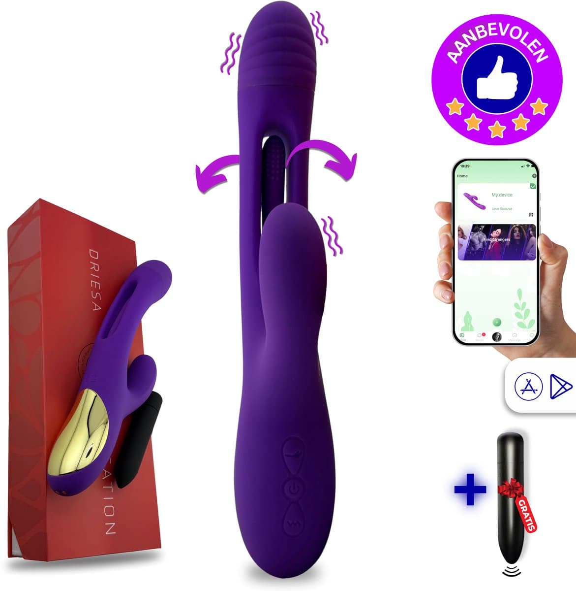 SlipperyHeights® Driesa 3-in-1 Rabbit Vibrator voor Vrouwen met App – G Spot & Clitoris Stimulator – 21 Standen – Inclusief Mini Vibrator – Waterdicht – Paars — afbeelding 1