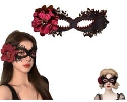 1 stuk - Halloweenkostuummasker - Kanten masker voor dames - Halloweenmasker - Halfgezichtsmasker met sluier - Masker met rode bloemen - Maskeraccessoire - Geschikt voor cosplay, maskerade en Halloween