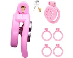 Chastity Cage met katheter en urineschaal, 4 ringen, platte penishoes met verborgen slot.