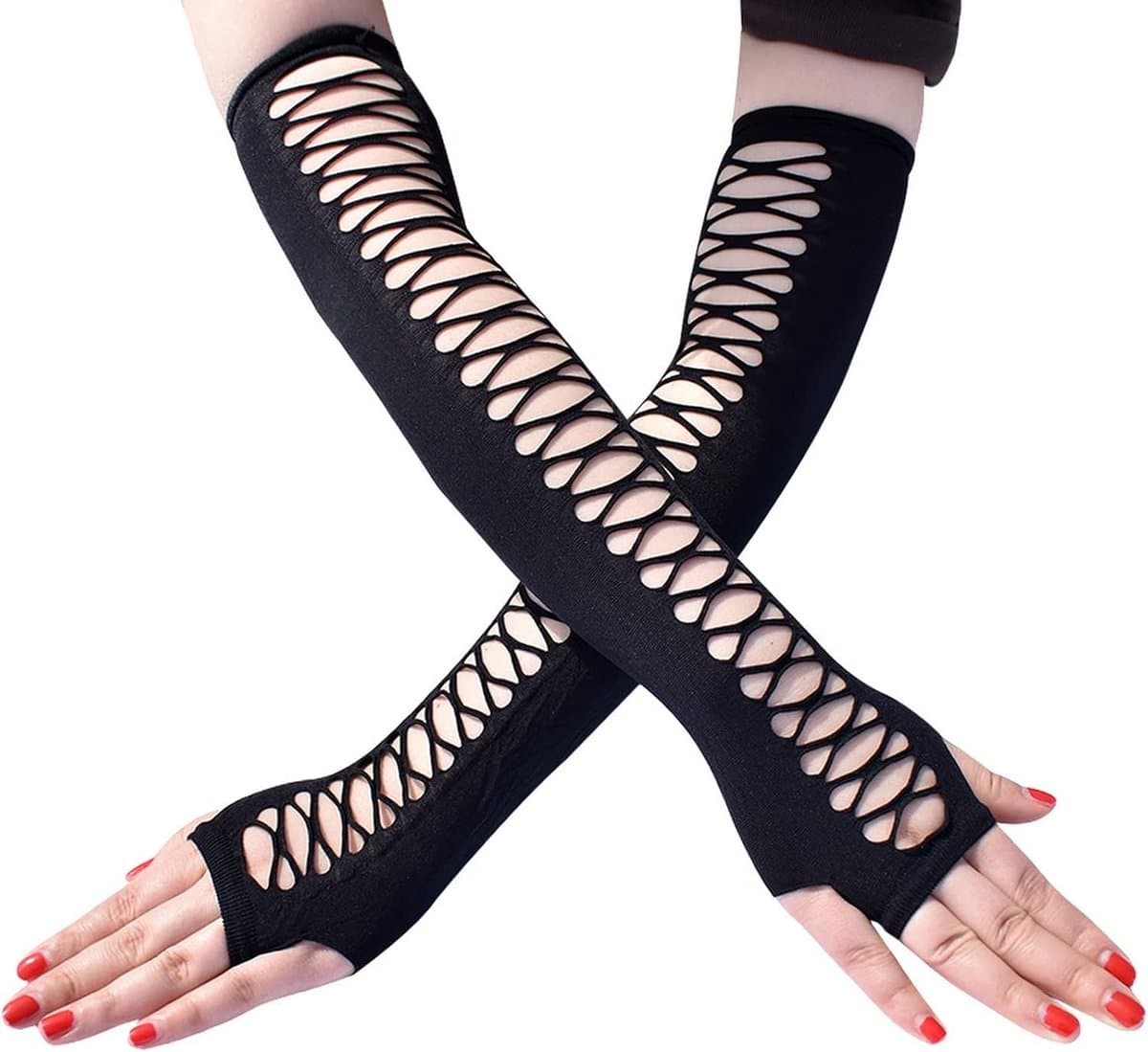 Distressed Glove, Black Punk Ripped Torn Gloves, Fingerless Mesh Gloves, Costume Handschoenen voor Cosplay Halloween — afbeelding 1