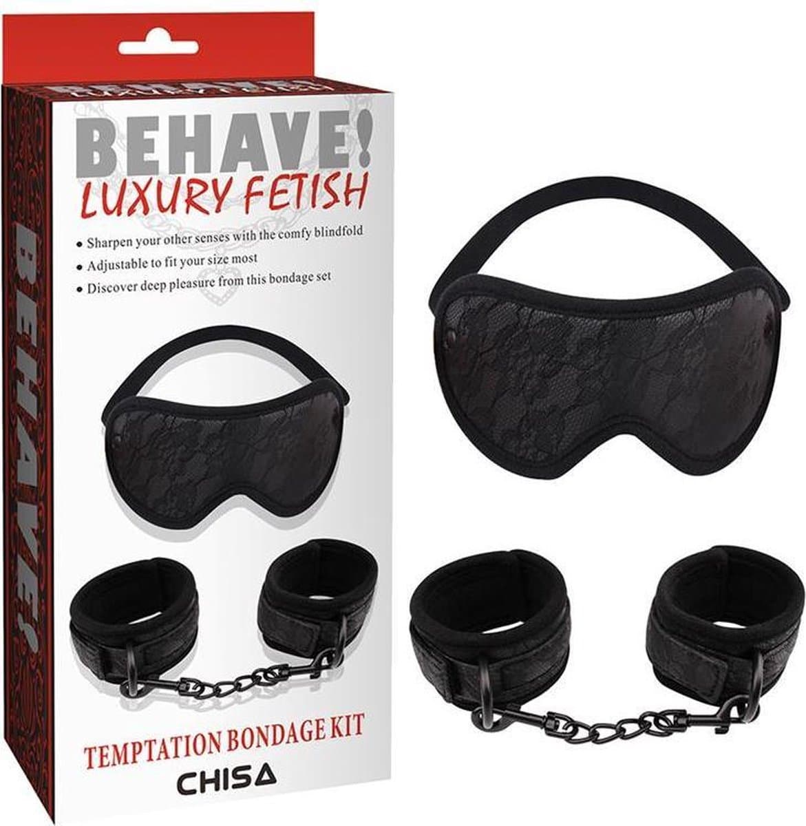 Behave! - Temptation Bondage Kit - Polsboeien en Blinddoek - Zwart — afbeelding 1