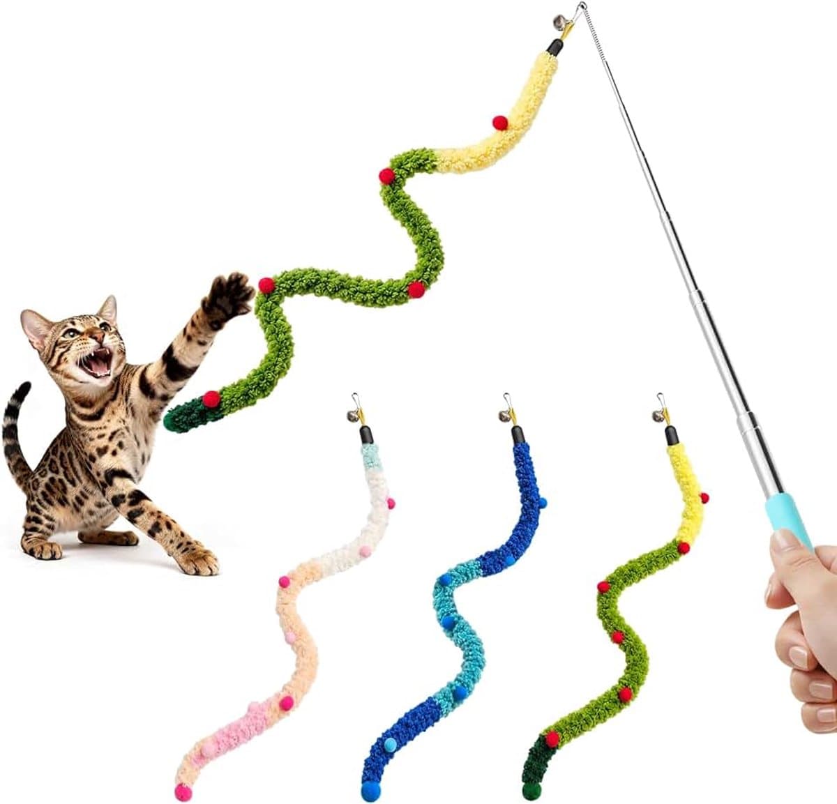 Kattenspeelgoed Angel set van 3, interactief speelgoed voor katten en kittens, zachte pluche speelstaaf met klokken en pompons, kattenvissen voor binnen, jacht- en jachtspeelgoed — afbeelding 1