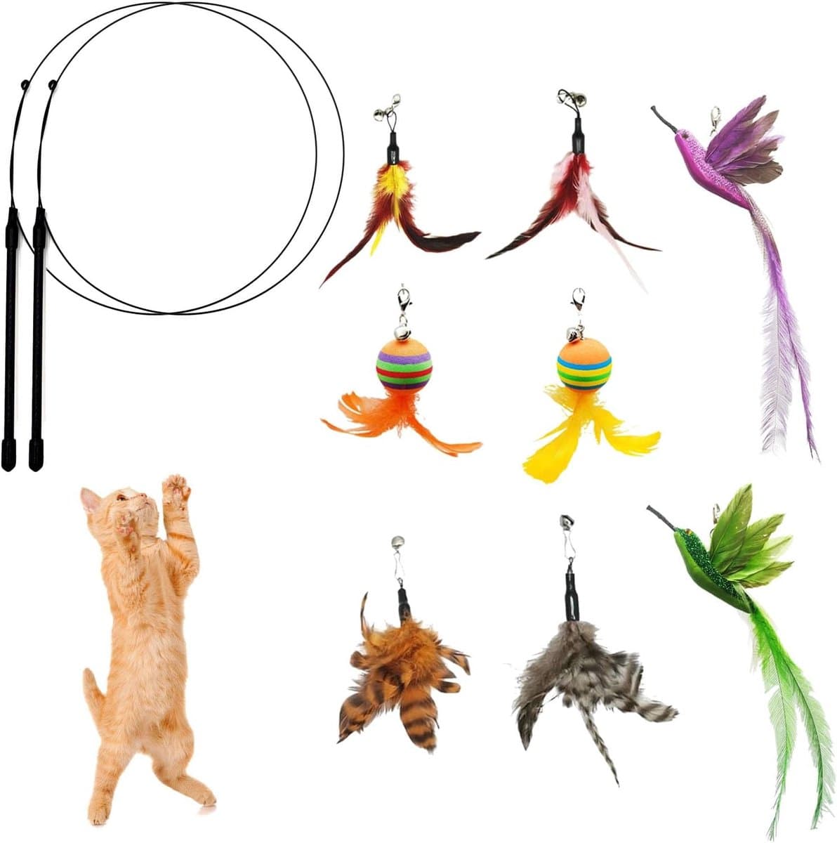 Interactief Katten Veren Speelgoed voor Kat Volwassene en Katje, 8st Vervanging Vogels Ballen Veren met Bel en 2st Handheld Elastische Teaser Toverstokjes voor Kitty Katje Binnen (A) — afbeelding 1