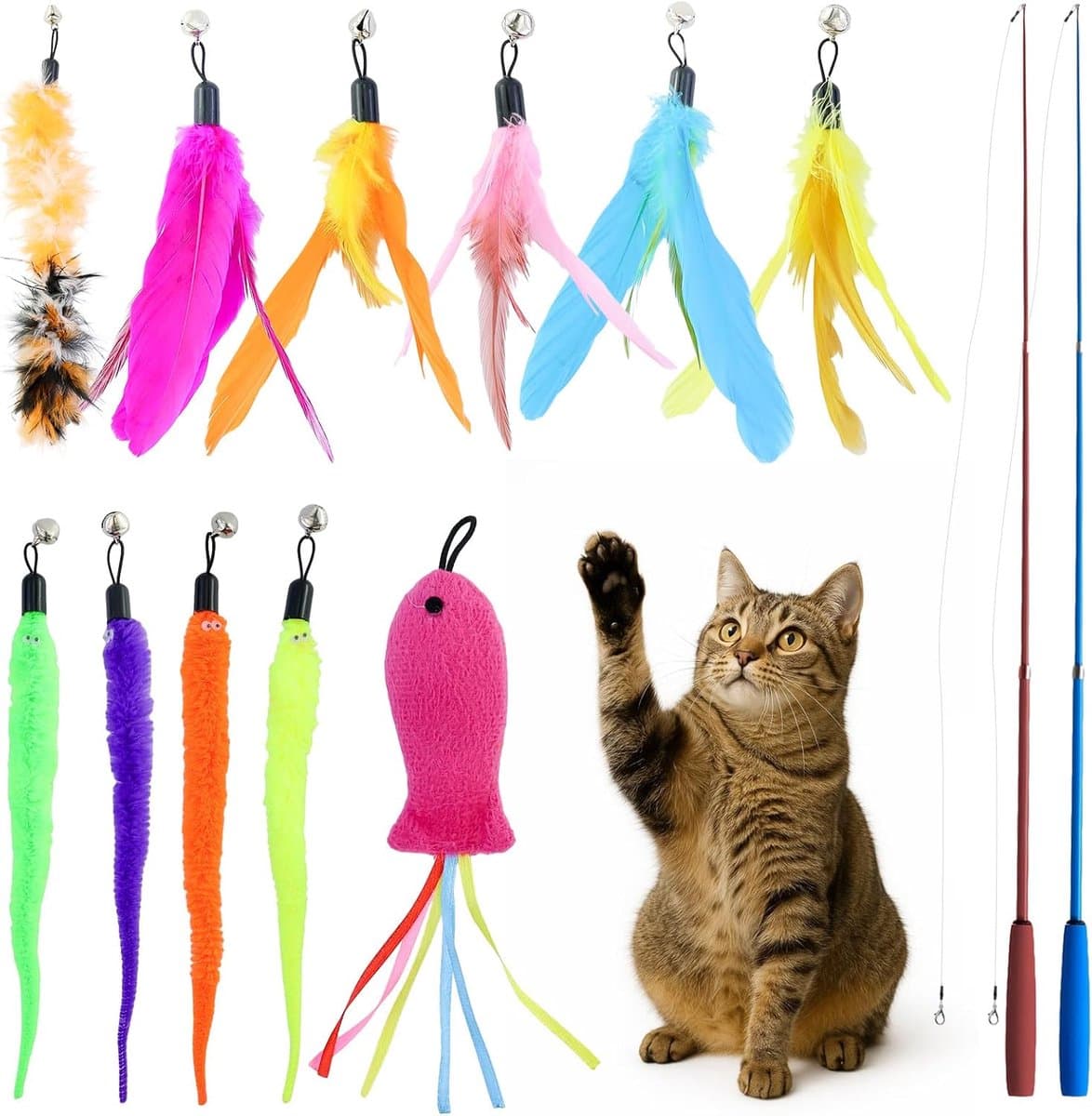 13 stuks kattenspeelgoedset, interactieve kattenspeelgoedveren, kattenhengel met 2 stuks inschuifbare, 11 kattenspeelgoed, reserveveren, zelfbezigheid met veer/bug/visbel — afbeelding 1