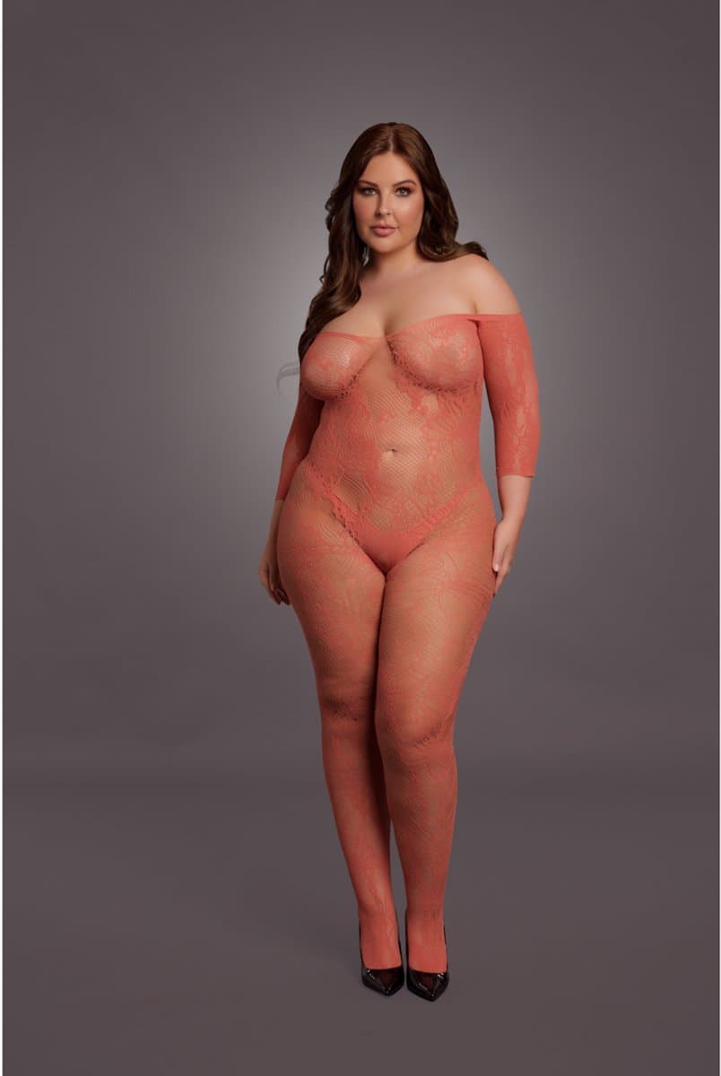 Le Désir by Shots Sexy Kant Lange Mouwen Bodystocking - Koningin Maat - Rood — afbeelding 1