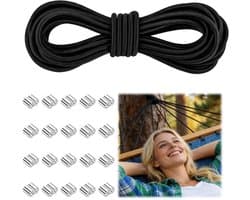 Elastisch koord, rubberen touw, 10 mm x 10 m zwart, elastische spanner voor zeilen met 20 klemmen, rekbaar latexrubber voor zeilen, aanhangers, boten, kamperen