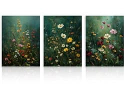3-delig Stemmig Donkergroene Bloemen Wandkunst, Dark Academy Wildflower Afbeeldingen voor Woonkamer Slaapkamer Decor 30x40 cm Niet Ingelijst